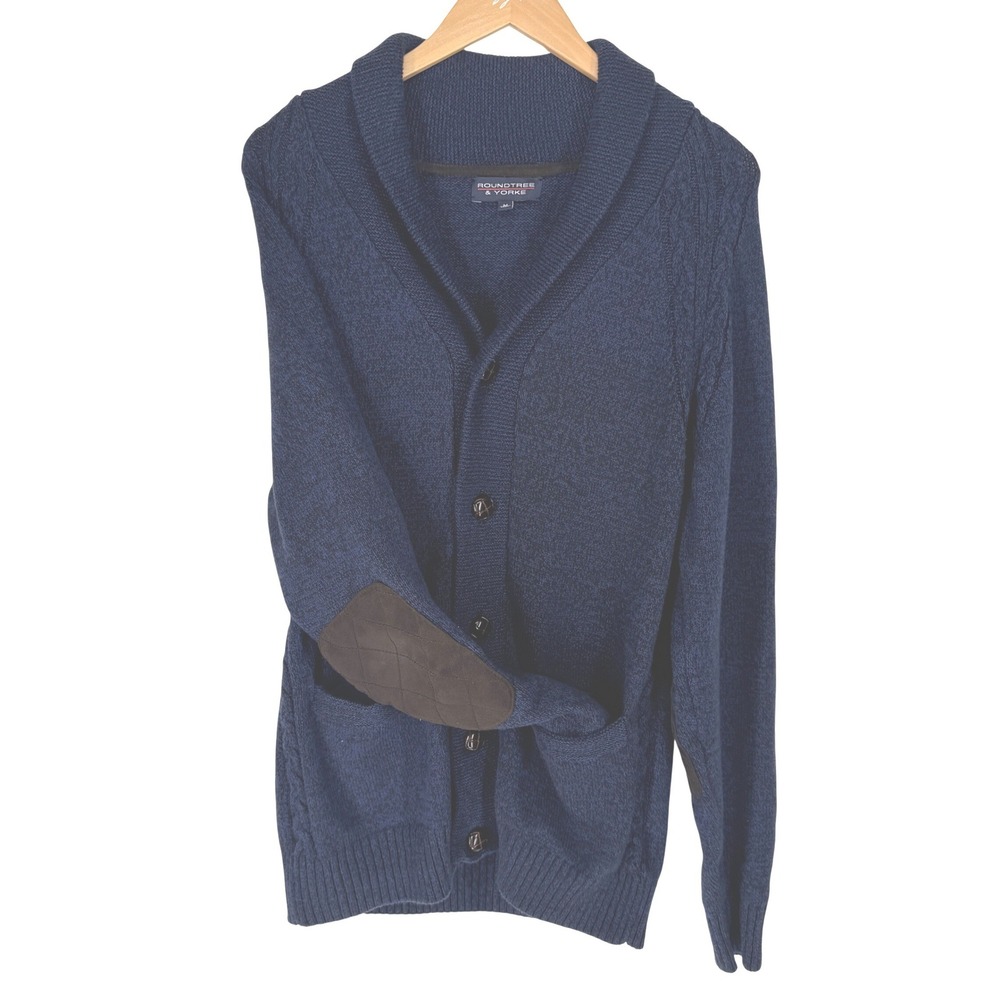 Men Cable Knit Fisherman Cardigan Sweater Elbow Patch Button Blue M Shawl Collar